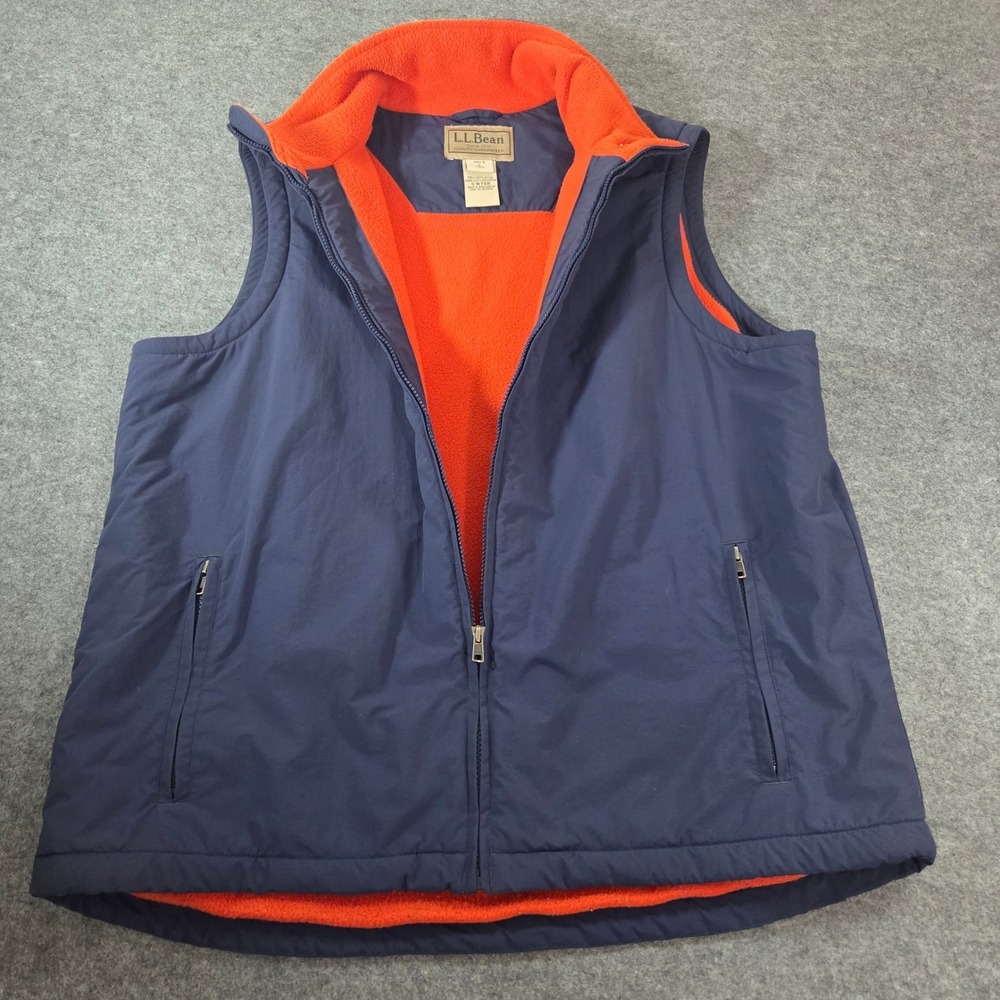 LL Bean Mens Large Tall Vest Navy Orange Fleece Lined Nylon Full Zip Outdoor